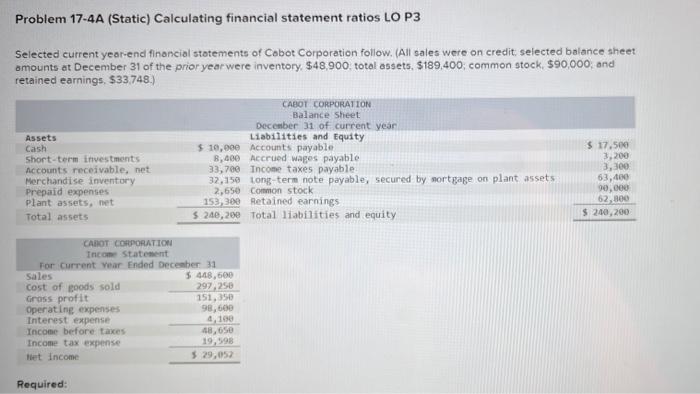 please help with this accounting question. Problem 17-4A (Static) Calculating financial statement