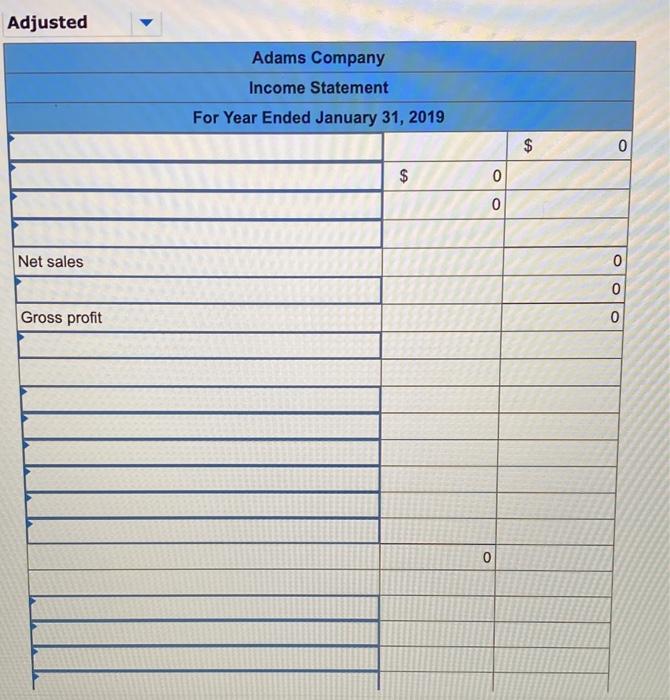 general and administrative activities. Adams Company uses a perpetual inventory system. Descriptions
