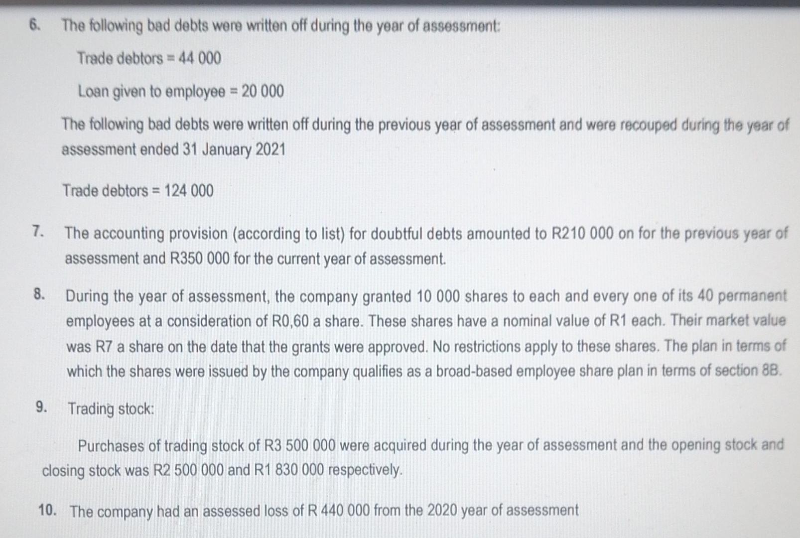 following income and expenses for the year of assessment: 1. The company's