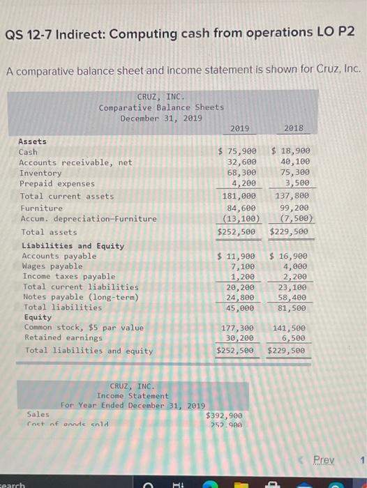  QS 12-7 Indirect: Computing cash from operations LO P2 A comparative