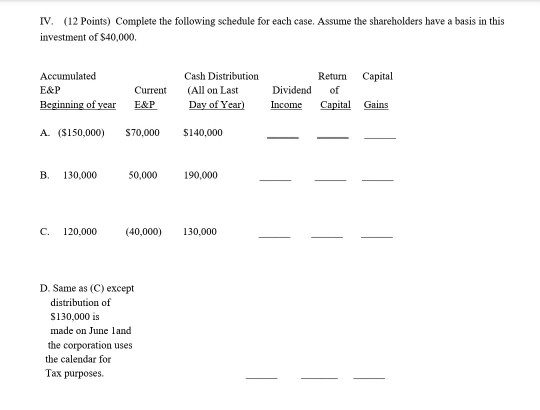 IV. (12 Points) Complete the following schedule for each case. Assume