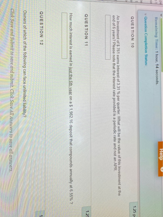  pe Help Remaining Time: 1 hour, 14 seconds. bar Question Completion