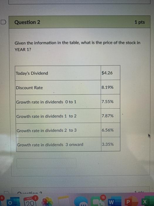  Question 2 1 pts Given the information in the table, what