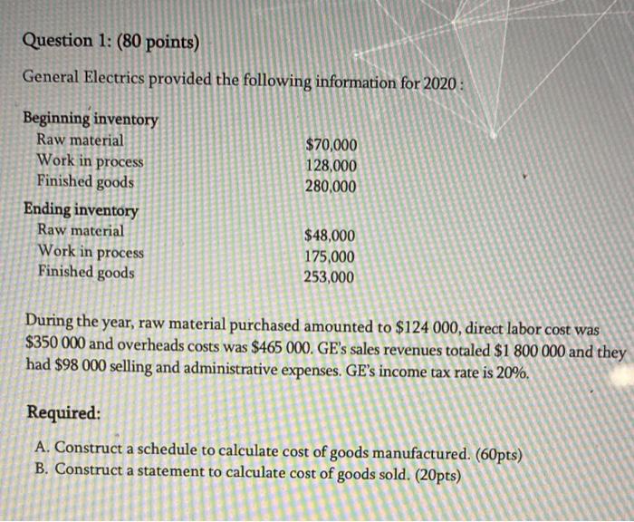 Question 1: (80 points) General Electrics provided the following information for