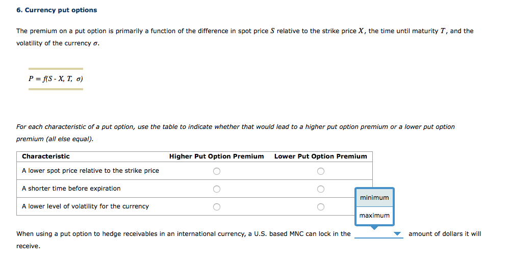 6. Currency put options The premium on a put option is