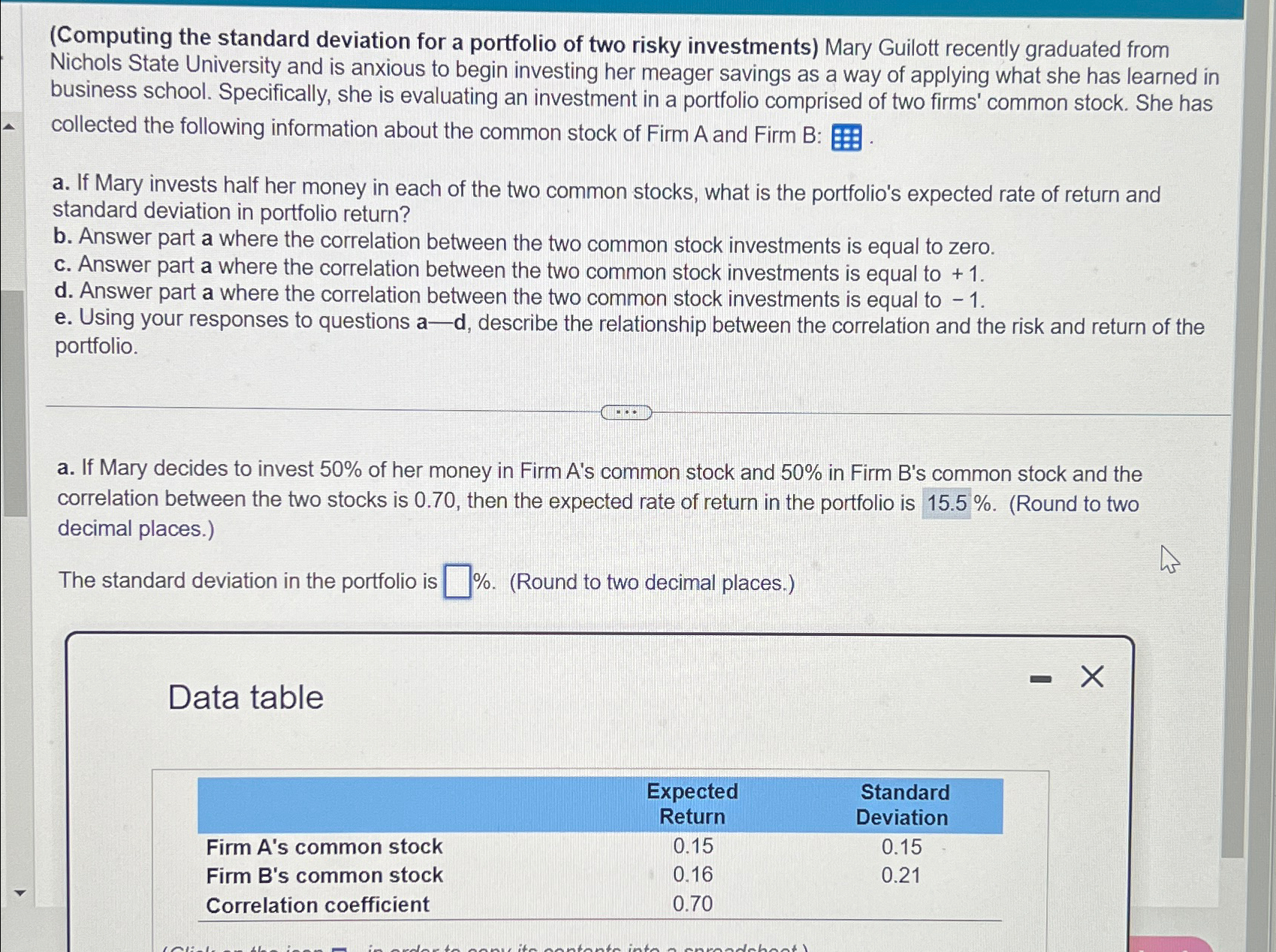  (Computing the standard deviation for a portfolio of two risky investments)