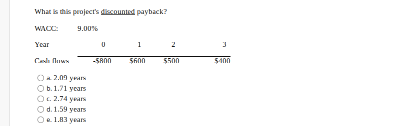  What is this project's discounted payback? WACC: 9.00% Year 0 1
