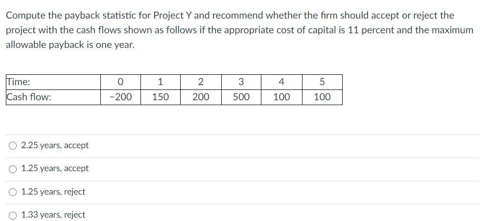 Compute the payback statistic for Project Y and recommend whether the