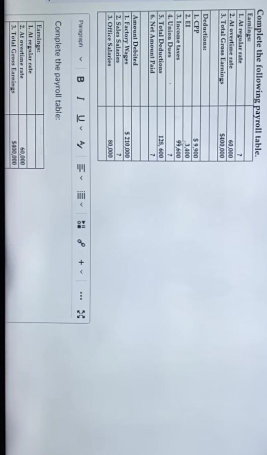  Complete the following payroll table. Earnings: 1. At regular rate 2