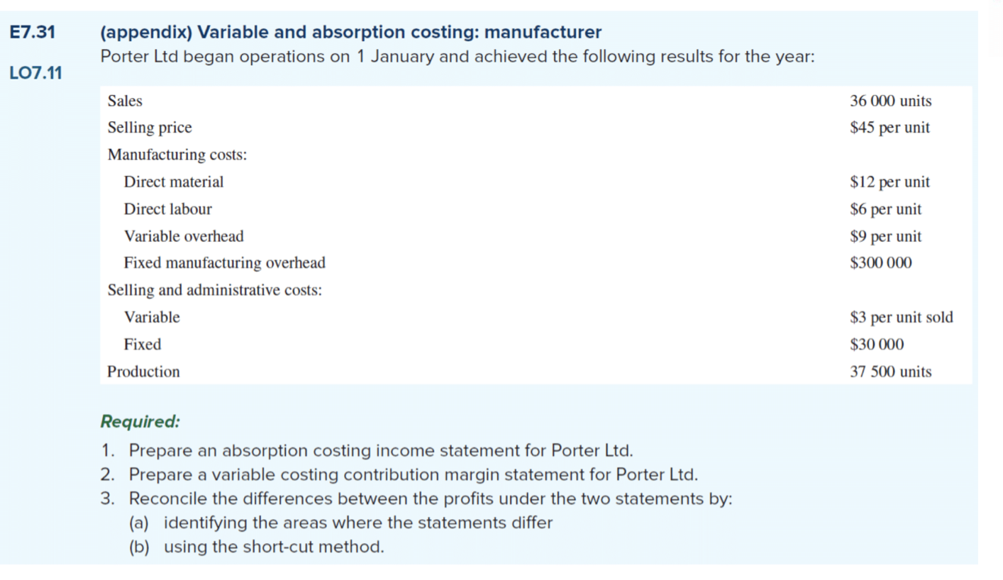 this is one question E7.31 (appendix) Variable and absorption costing: manufacturer Porter