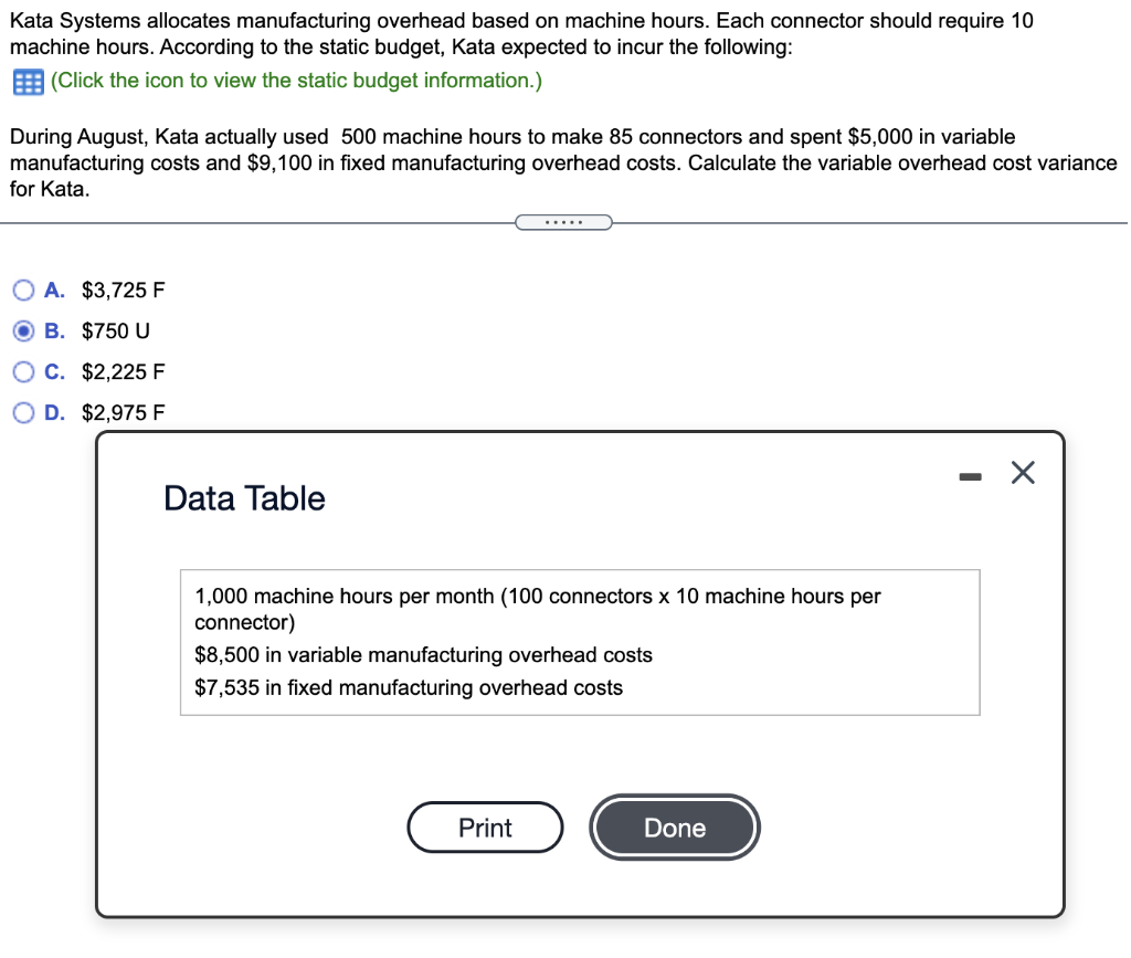  Kata Systems allocates manufacturing overhead based on machine hours. Each connector