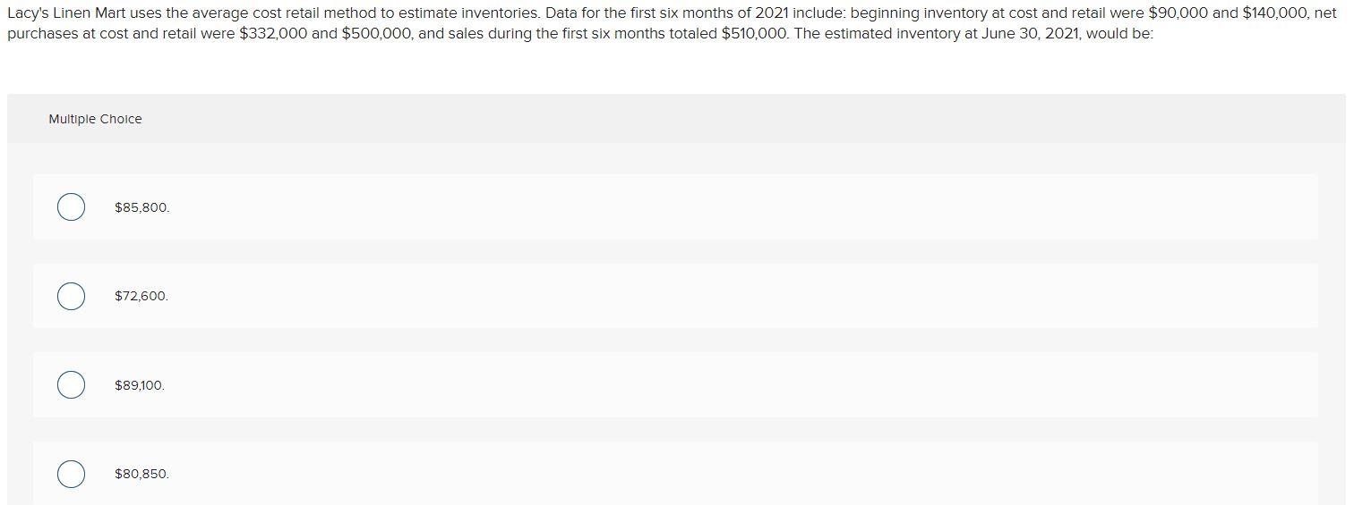  Lacy's Linen Mart uses the average cost retail method to estimate