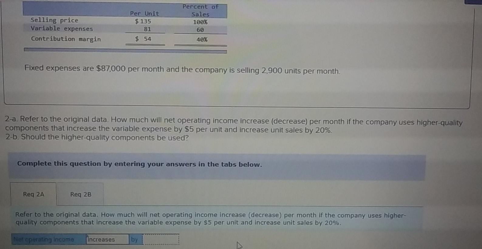  Selling price Variable expenses Contribution margin Per Unit $ 135 81