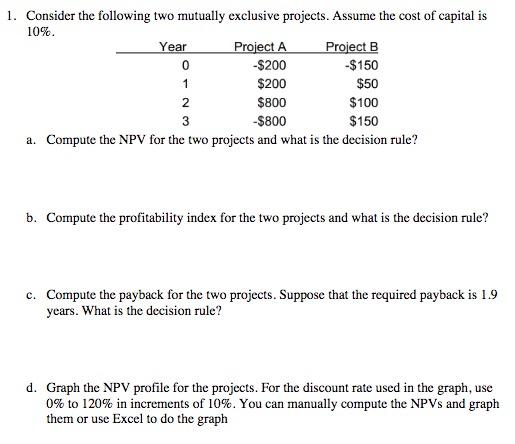  1. Consider the following two mutually exclusive projects. Assume the cost