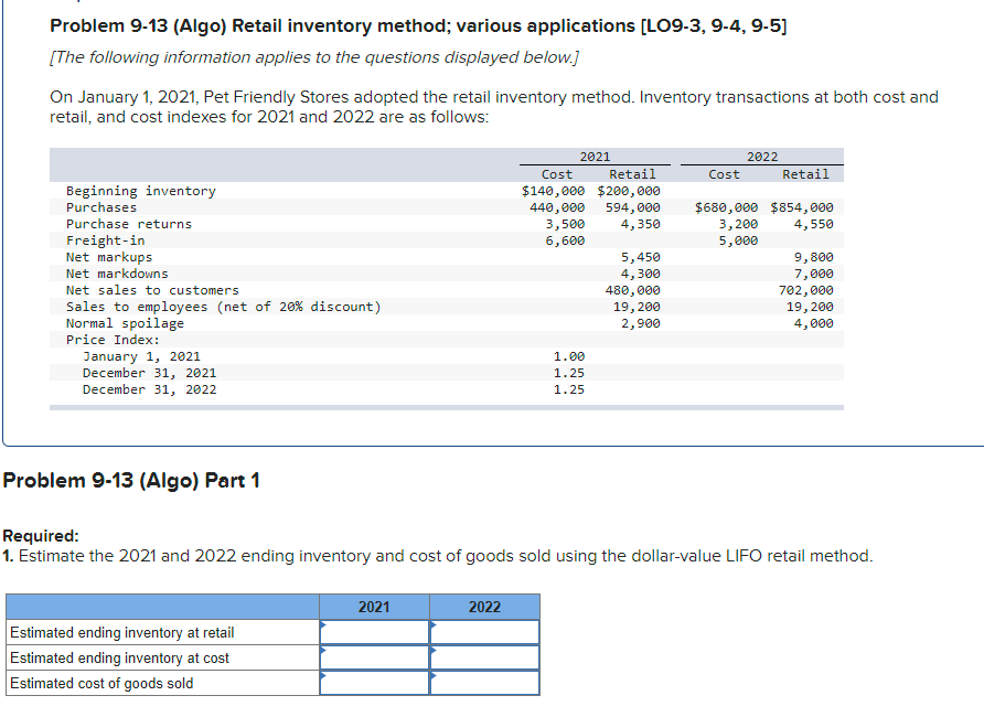  Problem 9-13 (Algo) Retail inventory method; various applications [LO9-3, 9-4, 9-5]