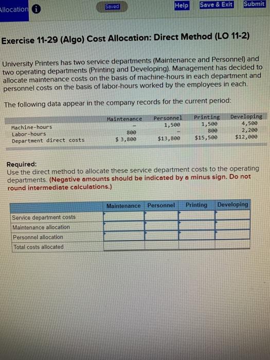  Saved Help Submit Save & Exit Allocation Exercise 11-29 (Algo) Cost