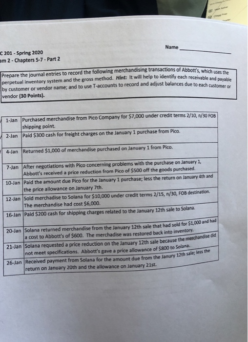  Name C 201 - Spring 2020 im 2 - Chapters 5-7