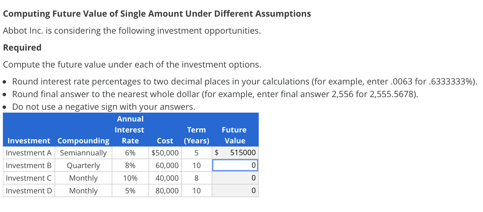 Computing Future Value of Single Amount Under Different Assumptions Abbot Inc.