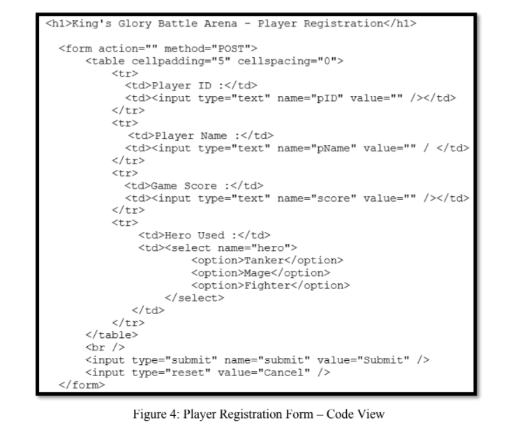 the design view and code view. The registration form allows players to