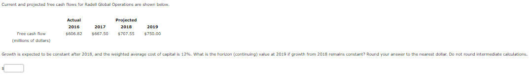 Current and projected free cash flows for Radell Global Operations are