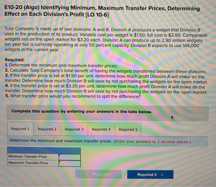  E10-20 (Algo) Identifying Minimum, Maximum Transfer Prices, Determining Effect on Each