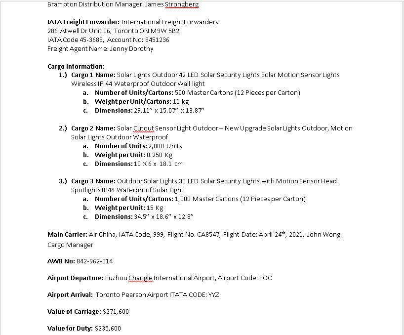 has asked you "International Freight Forwarders" based in Toronto ON to coordinate