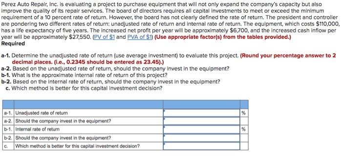 HELP PLEASE Perez Auto Repair, Inc. is evaluating a project to purchase