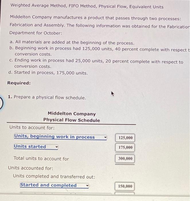  Weighted Average Method, FIFO Method, Physical Flow, Equivalent Units Middelton Company