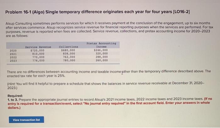  Problem 16-1 (Algo) Single temporary difference originates each year for four