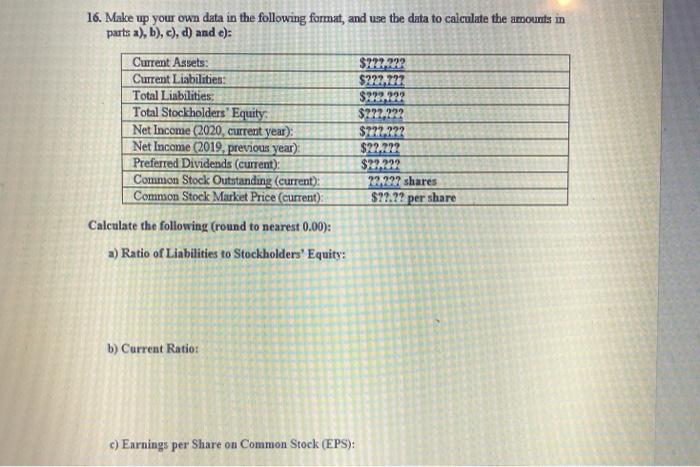 d) and e): Current Assets Current Liabilities Total Liabilities Total Stockholders' Equity