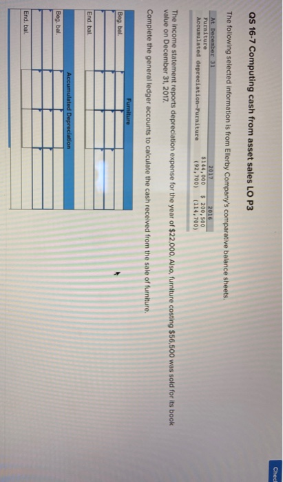  Checl QS 16-7 Computing cash from asset sales LO P3 The