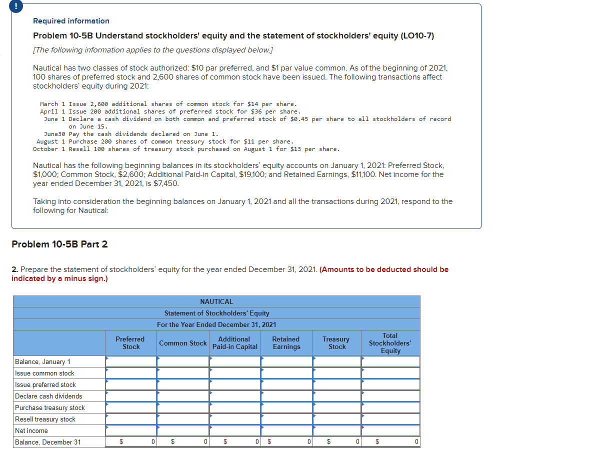 of stockholders' equity (LO10-7) [The following information applies to the questions displayed