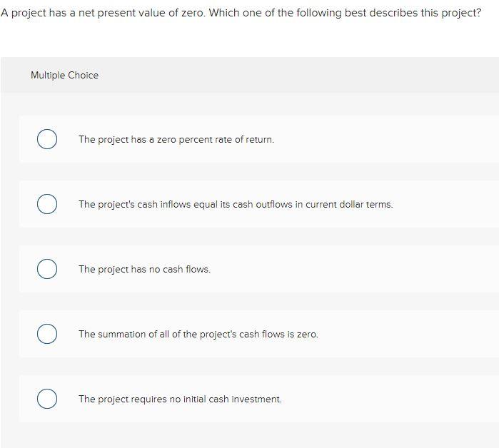  A project has a net present value of zero. Which one