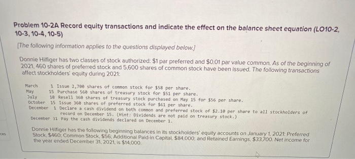  Problem 10-2A Record equity transactions and indicate the effect on the