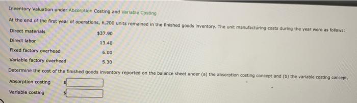  Inventory Valuation under Absorption Costing and Variable Costing At the end