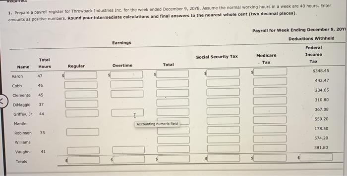 the payroll for the week ended December 9, 2078 Hours Hourly Weekly
