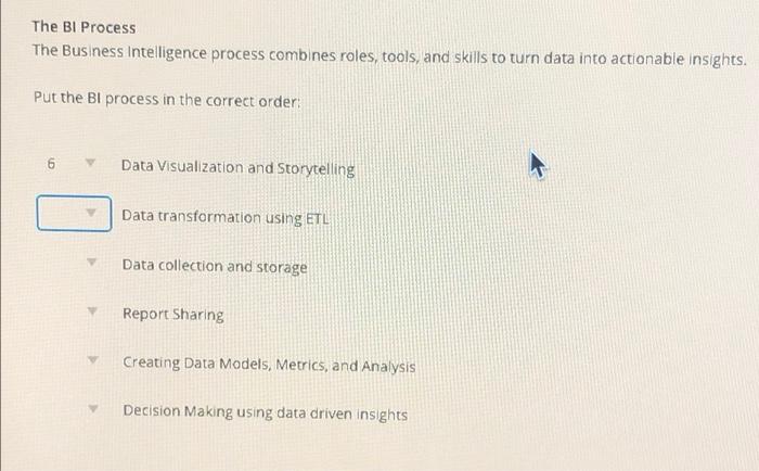 need help please The BI Process The Business Intelligence process combines roles,