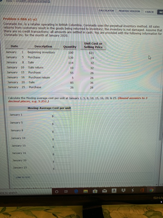  T ylenouncements CALCULATOR PRINTER VERSION BACK Problem 6-08A al-a2 Coronado Inc.
