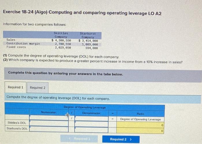  Exercise 18-24 (Algo) Computing and comparing operating leverage LO A2 Information
