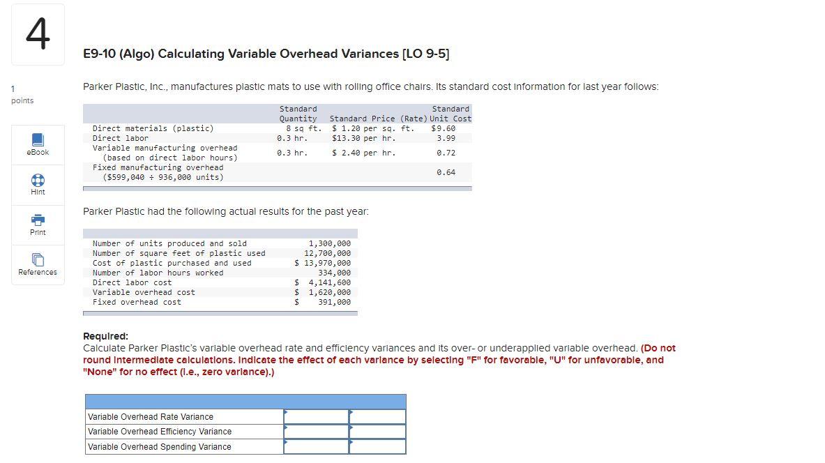 4 E9-10 (Algo) Calculating Variable Overhead Variances [LO 9-5) Parker Plastic,