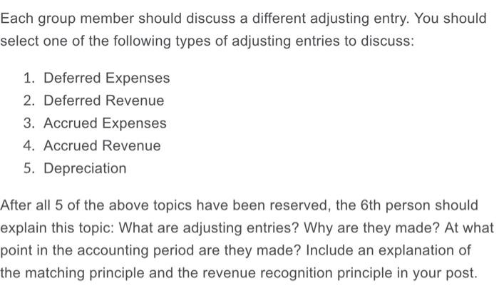  Each group member should discuss a different adjusting entry. You should