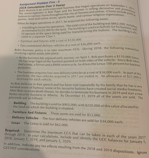  September 1, 2017 Assignment Problem Five - 5 (CCA Calculations Over