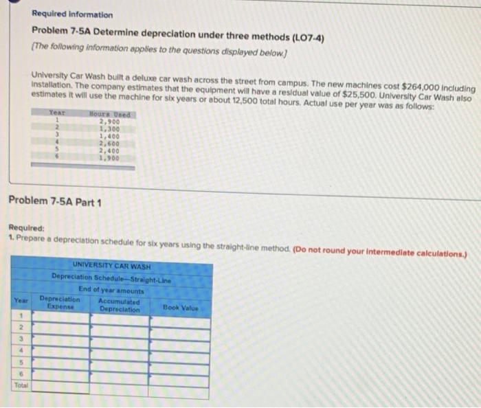  Required Information Problem 7-5A Determine depreciation under three methods (L07-4) (The