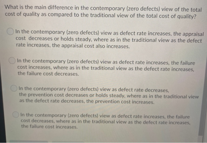  What is the main difference in the contemporary (zero defects) view