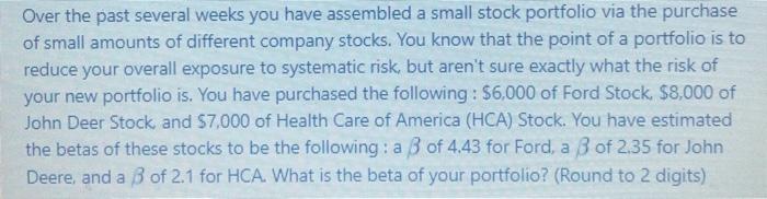  Over the past several weeks you have assembled a small stock