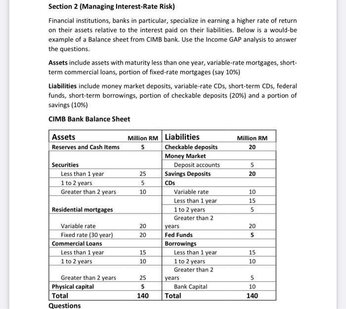 calculate the rate sensitive assests and liabilities? Section 2 (Managing Interest-Rate Risk)