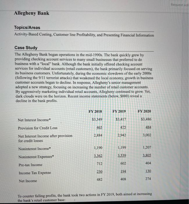 Show with formulas in Excel Requested Allegheny Bank Topics/Areas Activity-Based Costing, Customer