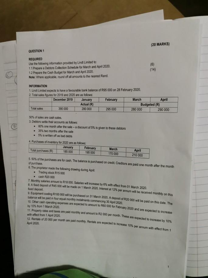  (20 MARKS) QUESTION 1 REQUIRED Use the folowing information provided by