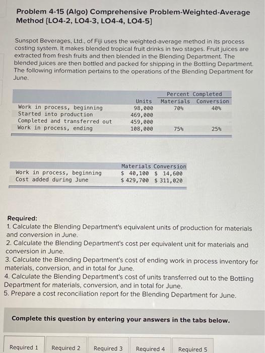  Problem 4-15 (Algo) Comprehensive Problem-Weighted-Average Method (L04-2, LO4-3, LO4-4, LO4-5) Sunspot