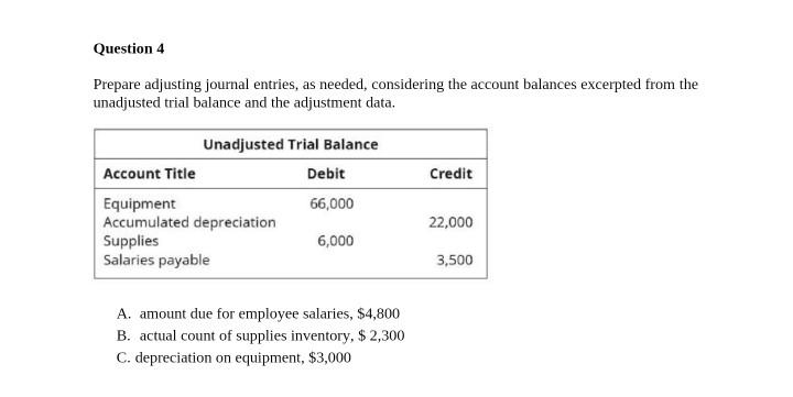 Question 4 Prepare adjusting journal entries, as needed, considering the account